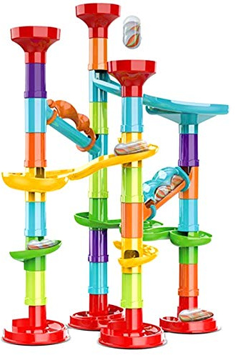 OUOOBEA 50Pcs Marble Run Set, Building Blocks, 15 Glass Marbles | Construction Coaster Game, Maze Race, Educational Race Track Game for Kids, Birthday Gifts
