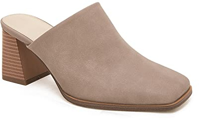Trish Lucia Womens Chunky Stacked Heel Mules Closed Square Toe Heeled Slip on Clogs Casual Backless Loafers Shoes Dark Khaki