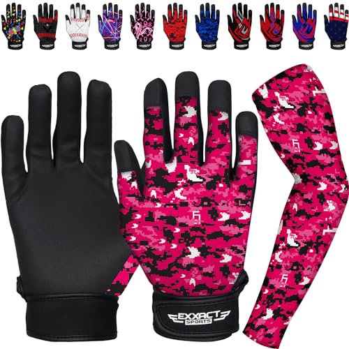 Exxact Sports Baseball-/Softball-Schlaghandschuhe mit texturierter Handfläche für besten Halt und einer passenden Sublimationsarmmanschette (Kombi) für Jugendgrößen (Jugendgrößen, Größe S/M, Pink