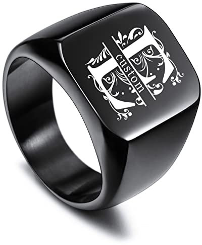 MunkiMix Männer Ringe Edelstahl Quadratischer Siegelring Personalisiertes Valentinstagsgeschenk für ihn Herren, Trauringe, Schwarz Ring mit Gravur