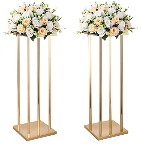 Bigsee 2pcs Gold Wedding Centerpieces Column Vases for Tables Geometric Metal Flower Stand , 23.6 Inch Tall Floor Vase Rectangle Flower Holder for Wedding Party Table Decorations