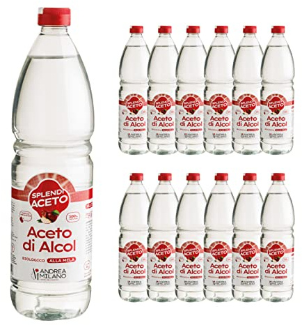 Andrea Milano, Splendi Aceto, Aceto di Alcool 100% Naturale Aromatizzato alla Mela, Acidità 8%, per Qualsiasi Impiego, Multiuso, Ideale per la Pulizia della la Casa, 12 Bottiglie PET da 1 L