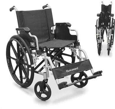 QUIRUMED Silla de ruedas de aluminio, Plegable, Asiento 48 cm, Reposabrazos abatibles y desmontables, Reposapiés abatibles, Frenos de mano, Para mayores, Para minusválidos