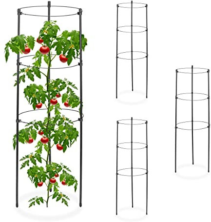 Relaxdays Rankhilfe 4er Set, Metall & Kunststoff, 60 cm hoch, 3 verstellbare Ringe, Rankstütze Kletterpflanzen, schwarz