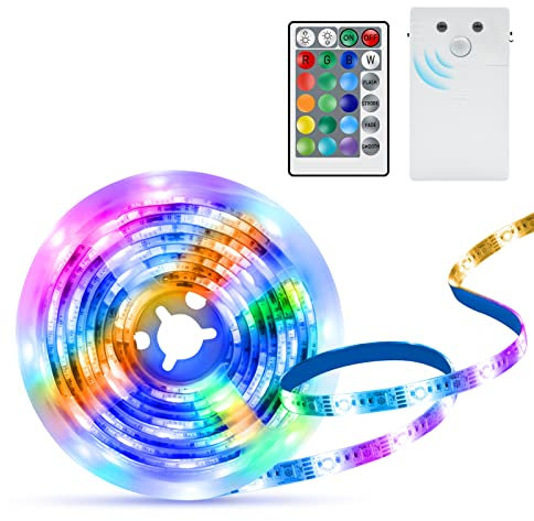 ZAIYW LED Streifen Lichter Bewegungsmelder Batteriebetrieben, 60 LED RGB und Warmweiß 2M Selbstklebende Nachtlichter Streifen mit Fernbedienung für Flur Treppenschrank Bett Gradevin Dekoration