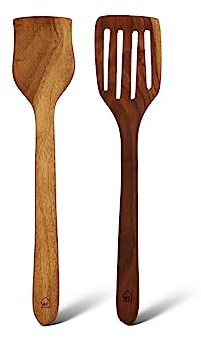 Vesta Homes Lot de 2 cuillères en bois de neem, compactes, spatule/louche pour la cuisson de dosa, roti, chapati, soupe et légumes | Outils de cuisine en bois de qualité supérieure | Sans vernis |