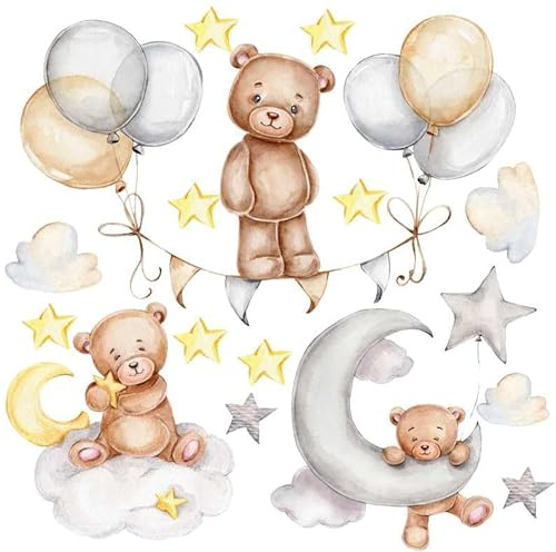 HUBDECO Wandtattoo Kinderzimmer für Mädchen & Junge - Wanddeko mit Teddybären, Wolken und Sterne - Wandaufkleber