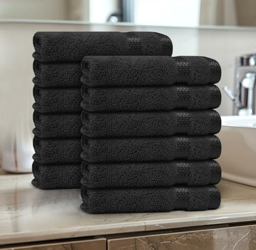 Casabella 12 Pack Flannel Face Cloth - 100% Cotton Face Towels Soft & Absorbent Super Quality Washcloths 30x30CM, Fingertip Towels for Makeup Removal & Cleansing - Black Face Cloth