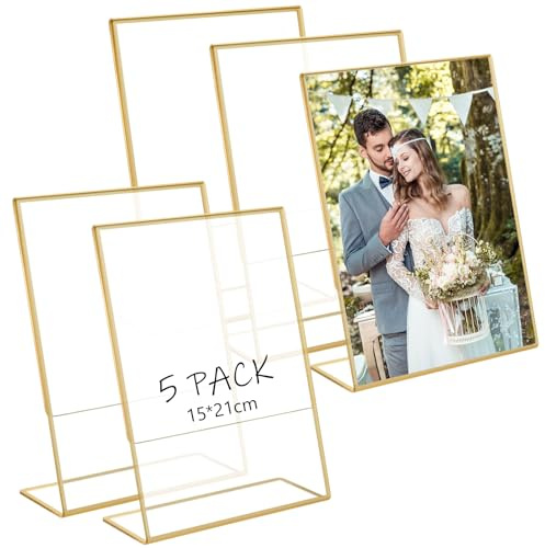 Bocguy Lot de 5 Cadres Photo A5 en Acrylique dorés - Support d'affichage Transparent pour Menu de Restaurant, numéros de Table de Mariage, étiquettes publicitaires, Affichage de Photos (15 x 21 cm)