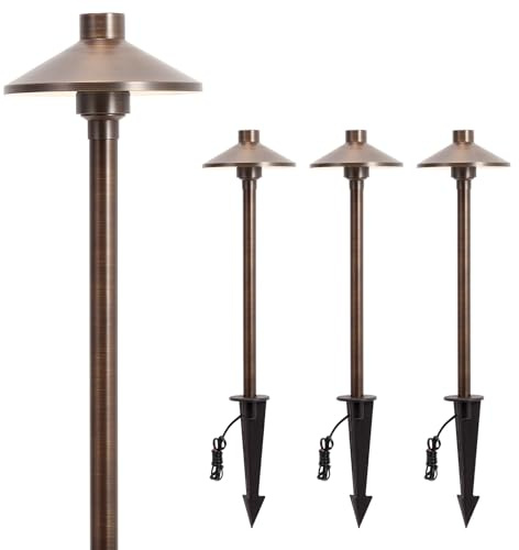 Gardencoin Solid Brass Low Voltage Pathway Lights (6.7'' Shade, 21.9'' Tall), 12V AC/DC Heavy Duty LED Landscape Path Lights Outdoor Wired, Antique Bronze Walkway Lights with Larger Stake, 4-Pack