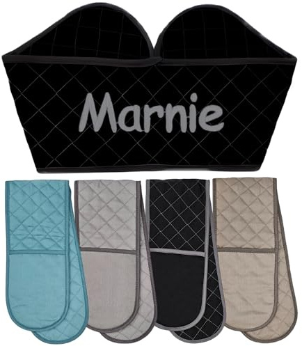 Personalised Double Oven Gloves Maximum Heat Protection, Pot Holders for Cooking & Baking in the Kitchen Machine Washable Gift for Mum Grandma (Black Oven Gloves)