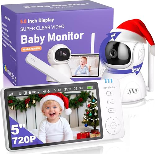 OBVHNUA Babyphone mit Kamera 5 IPS Bildschirm Video Babyphone ohne WLAN 720P HD 355° Schwenk/90° Neigung Nachtsicht VOX Temperaturüberwachung Zwei-Wege-Audio Schlaflieder