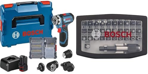 Bosch Professional GSR 12V-15 FC, Noir, 2 x 2.0Ah batterie/chargeur/accessoires + Assortiment d'embouts de vissage de 32 pièces (assortiment d'embouts de tournevis, accessoires pour perceuse-visseuse)