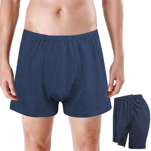 Inkontinenz Unterhose Herren Inkontinenzhose Baumwolle Inkontinenzslip Klettverschluss Stoffwindeln Wiederverwendbar Waschbar Pflegehose Elastisch Boxershort für Chirurgische Erholung Blau XXXL