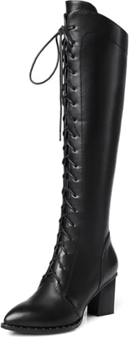 HSyc JRX Botas altas de piel con cordones para mujer Tacón bloque Botas con cordones, Negro , 38.5 EU
