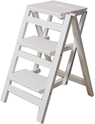 GXXINGIN Rutschfester, zusammenklappbarer Tritthocker für zu Hause, Tritthocker, dreistufige Leiter, zusammenklappbare Aufbewahrung, kleine Holzleiter, MUL (weiß, 42 x 56 x 66 cm)
