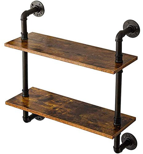 JOCHEN Industrial Wall Shelf, Wall-mounted Shelf, 2-layer Large Antique Floating Shelf, Iron Tube Shelf on the Toilet, Strong and Easy to Assemble (black + Wood)