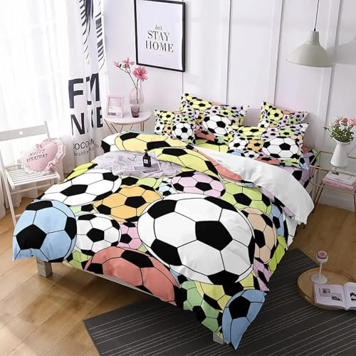 Cooles Fußball-Bettwäsche Set mit 3D-Motiv, Bettbezug und Kissenbezügen, Raumdeko für Jungen, Geschenk, Twin, Queen, King Size, 3er-Set, 140 x 200 cm (55 x 79 Zoll), Bettbezug-Set