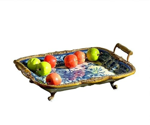 Frutero Cesta Retro Azul y Blanco Plato de Fruta de Cerámica Sala de Estar Mesa de Centro Bandeja de Plato de Dulces Rectangular Adornos Decorativos Entrada Plato de Fruta Cesta de Frutas para Cocina