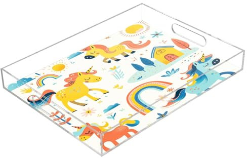 Cartoon Unicorn Horse Acrylic Serving Trays, Clear Rectangular Tray with Handles Serving Platter for Coffee Table Kitchen Bathroom