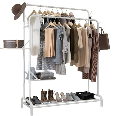 Klass Home Collection White Heavy Duty Clothes Rail With Folding Shelves, 100KG Garment Rack With Double Hanging Clothing Rails, 3 Shelves, Coat Shoe Rack, 4 Hooks, Clothes Rails For Bedroom, Shops
