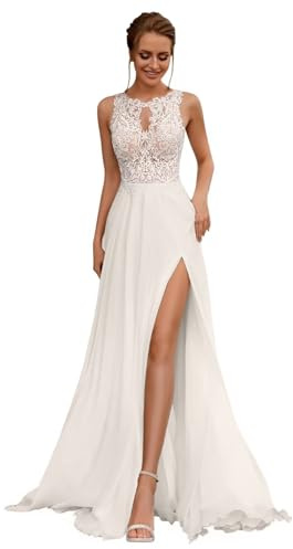 yinyyinhs Vestidos de novia con apliques de encaje para la novia, largos, con cuello en V, de tul y gasa, sin mangas, estilo princesa, con abertura, D-marfil, 4