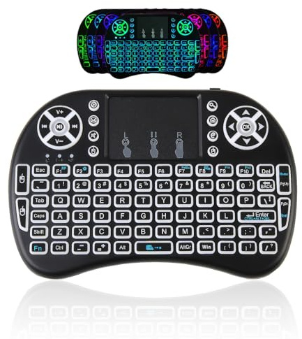Mini teclado inalámbrico con panel táctil, mouse combinado, teclado multimedia de 2.4 G, 7 colores, retroiluminado, portátil, recargable, mini teclados de mano para Android TV Box, Smart TV, PC