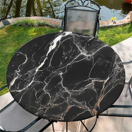 Tovaglia rotonda da esterno con elastico Ø 44(110cm) - Tovaglia da giardino elastica con marmo nero Modello Adatto per tavoli con larghezza di 95-105 cm