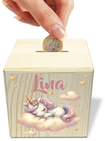 Yuweli® Einhorn Holzspardose personalisiert mit Namen aus Holz Spardose Spardosen mit Namen Geschenk zur Geburt Taufgeschenke für Mädchen Einschulung Kinderspardose (Wolke)
