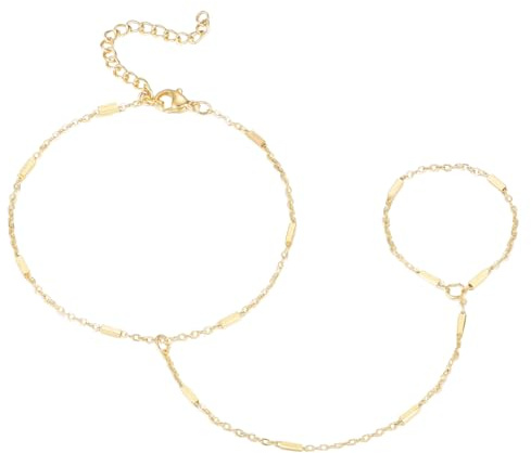 Emibele Gold Armband Für Damen, 18K Gold Handkette, Funkelnd Zirkonia Edelstahl Nicht Anlaufend Handkette Armband Mit Fingerring, Modisch Verstellbar Schmuck Geschenk, 2er Pack