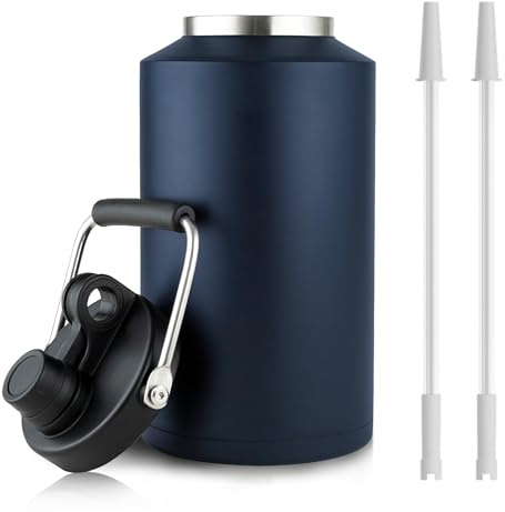 1 Gallon Water Jug Bottle Insulated with Straw, 128oz Stainless Steel Water Bottle Jug Wide Mouth Double Vacuum Dishwasher Safe BPA Free for Hot & Cold Drinks Navy Blue