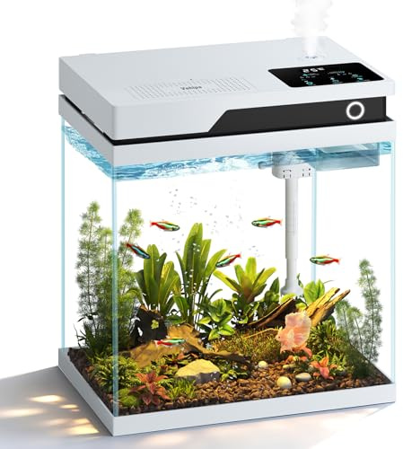 Vehipa 15L Nano Aquarium Komplettset, Intelligentes Aquarium Klein mit automatischer Futterstation, geräuscharmer 4-in-1-Pumpe, einstellbarer 8-Farben-Beleuchtung, Temperaturanzeige und Luftbefeuchter
