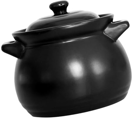CALLARON Pentola in Ceramica 1,1l Resistente Alte Temperature Coperchio, Casseruola per Stufati, Riso e Pollo Brasato, Vaso per Cucina Domestica Nera Ergonomica per Uso Quotidiano