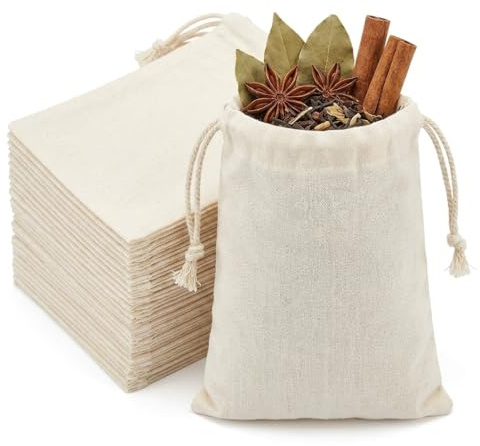 50Pcs Reusable Cotton Muslin Bags with Drawstring, Spice Herb Bags for Cooking, Drawstring Bags Small Tea Filter Bags for Loose Tea, Bouquet Garni Soup, 8x10cm