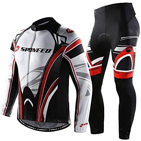 sponeed Men Kits for Cycling Tshirt Long Sleeve Full Zipper Biking Pants Padding Bicycle Clothing Ride Wear US M White Red