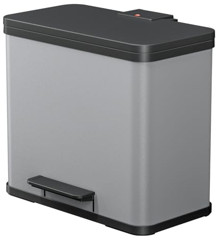 Hailo Öko trio Plus L Tret-Mülltrenner - freistehender 3 x 9 Liter Dreifachmülleimer aus Stahlblech - Mülltrennsystem mit soft close Deckel - 3-fach Abfalltrenner für die Küche - Silber | Trio Plus L, Volumen 3 x 9 l, hellgrau
