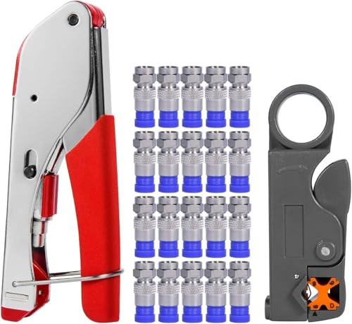 Coaxial Cable Crimper for RG59, RG6, 3-in-1 Coax Cable Repair Kit with Wire Stripper Adjustable for RG59, RG11, RG7, F-Type RG6 Connector for Satellite TV, Home Theater and Network Cabling (20)