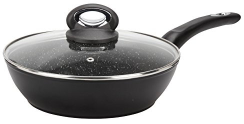 Crealys 520044 Sauteuse GRANITY diam. 24 cm en Aluminium forgé revêtement Noir Anti-adhérent sans PFOA - Aspect Pierre - Couvercle en Verre - Tous Feux Dont Induction