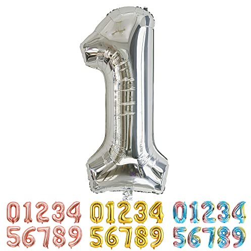 Ponmoo Foil Balloon Number 1 Silver, Giant Numbers 0 1 2 3 4 5 6 7 8 9 10-19 20-29 30-39 40-49 50-60-70-80-90-100, Large Balloons for Wedding Anniversary Birthday Party Decoration