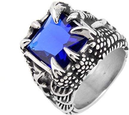 HIJONES Herren Gotisch Silber Drachenklaue 17MM Blau Stein Ring aus Edelstahl Größe 68