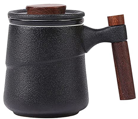 NCQIXIAO temugg med lock, 320 ml/12 oz retro glaserad keramisk tekopp med infusioner, trähandtag för att brygga löst löv te (svart)