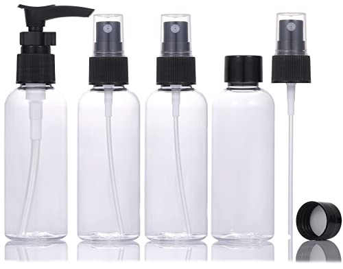 LUFEVRM 4 Stück Reiseflaschen Set,Verdicktes Plastik auslaufsichere,nachfüllbare,leere Sprüh/Pumpflaschen mit Deckel und transparenter Tragetasche,80ml Flaschen in Reisegröße für Shampoo,Parfüm