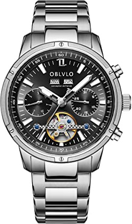OBLVLO Herren-Automatikuhr Mechanisches Tourbillon Leuchtendes Edelstahlarmband Saphir 50M wasserdichte Kalenderwochenuhr 42mm cm-T