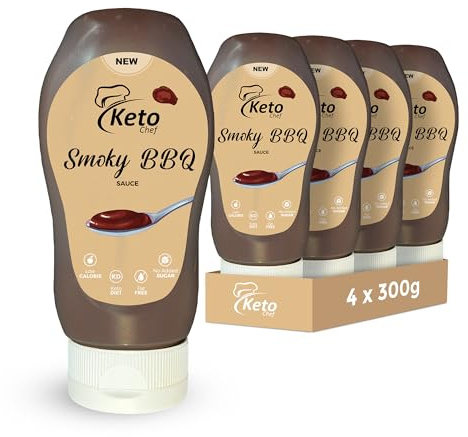 Keto Chef Smoky BBQ Sauce 300ml (Pack of 4) - Low Calorie BBQ Sauce (16 Cals/Serving), No Added Sugar, Fat Free, Keto Friendly, Vegan & Gluten-Free, Low Carb BBQ Dip & Marinade for Grilling & Cooking