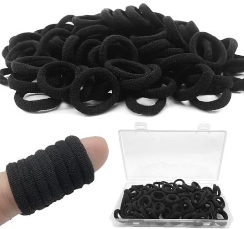 LLYJOYE 100 x schwarze Baby-Haargummis, kleine Haarbänder für Mädchen, weiche Kleinkind-Haargummis, mit Aufbewahrungsbox