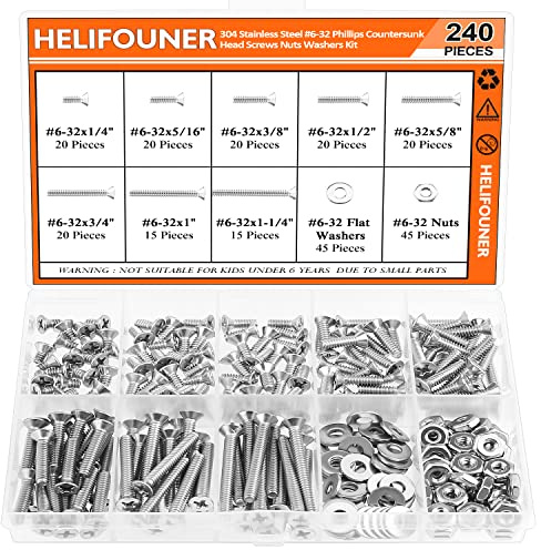 HELIFOUNER 240 Pieces #6-32 Phillips Countersunk Head Machine Screws Nuts Washers Assortment Kit, Coarse Thread, Fully Machine Threaded, 304 Stainless Steel