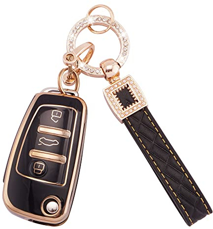 Autoschlüssel Hülle für Audi Zubehör 3 Tasten Schlüsselhülle-Schwarz Gold | Auto Schlüsselcover für A1 A3 A4 A6 A8 Quattro Q2 Q3 Q7 S3 S6 RS3 RS6 R8 TT TTS TPU Schlüssel Hülle mit Schlüsselanhänger