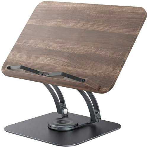 Tounee Book Stand for Reading, Adjustable Book Holder with 360° Swivel Base, Foldable Cookbook Stand Recipe Book Holder with Elastic Page Clips for Music Scores, Recipe, Magazines, Laptop - Gray