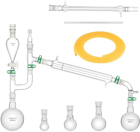 Labasics Kit de Distillation 500 ml, Appareil de Distillation en Verre Borosilicaté pour Extraction, 24/40, Verrerie de Laboratoire