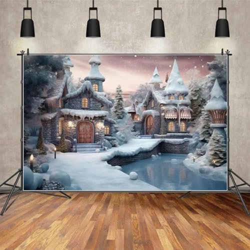 Fotografie Hintergrund Weihnachtsdorf Schnee Kiefern Dekorationen Fotohintergrund See Stein Heimstudio Lampen Requisiten 240X180cm